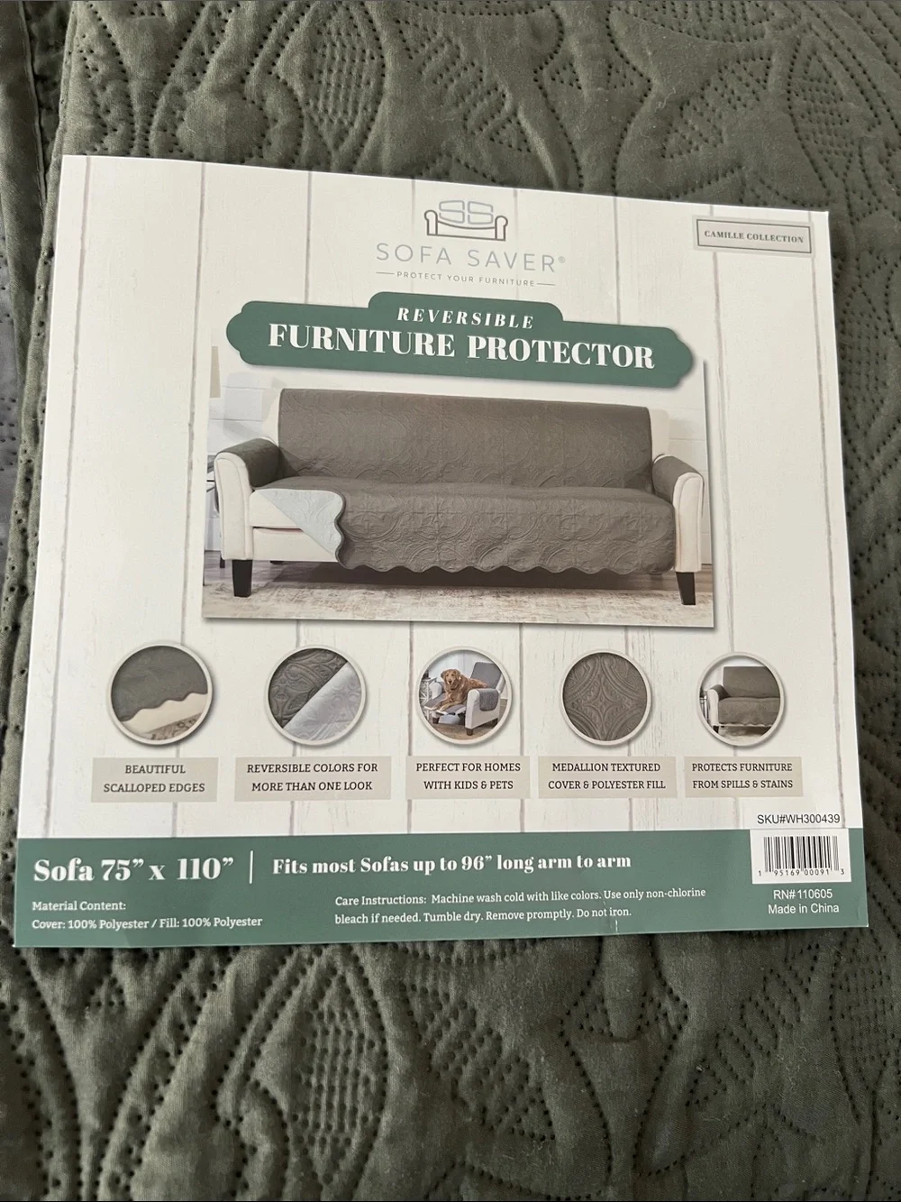 Reversible Furniture Protector - Light Gray and Sage for Sofa. 75x110in